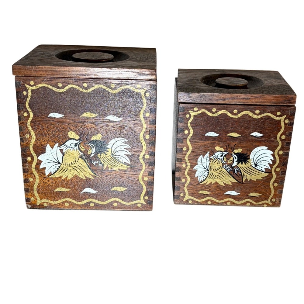Vintage 1960s Asian Hand Painted Wood Canister Box Set (2) Rooster Dovetail Lids